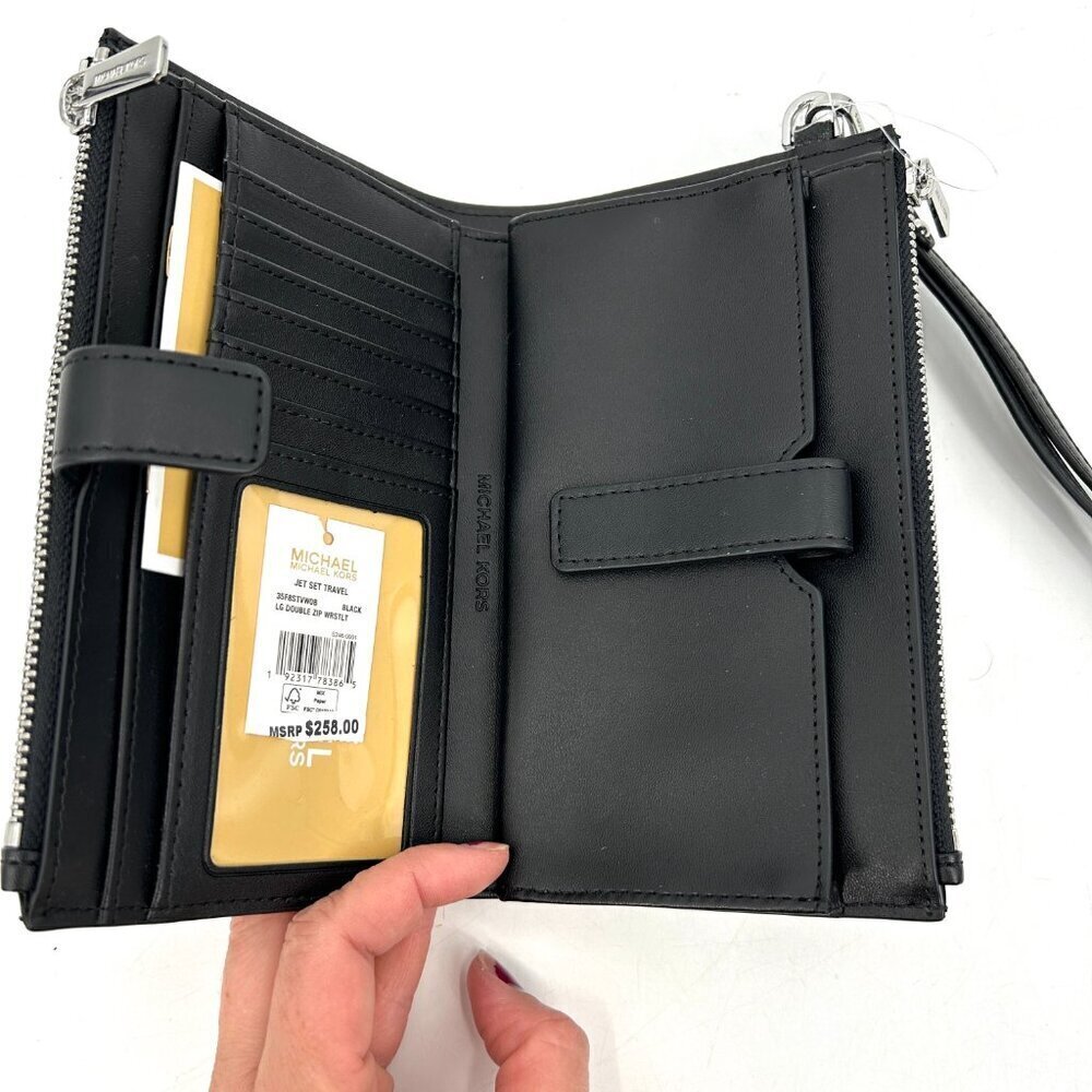 NWT MICHAEL KORS Black Jet Set Travel Double Zip Leather Wristlet Wallet - Picture 5 of 6